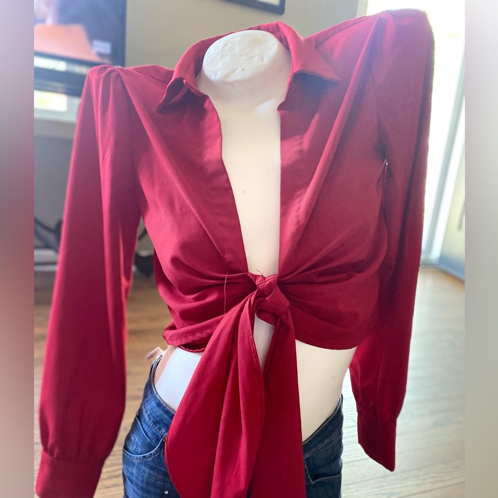 Red long sleeve tie front shirt